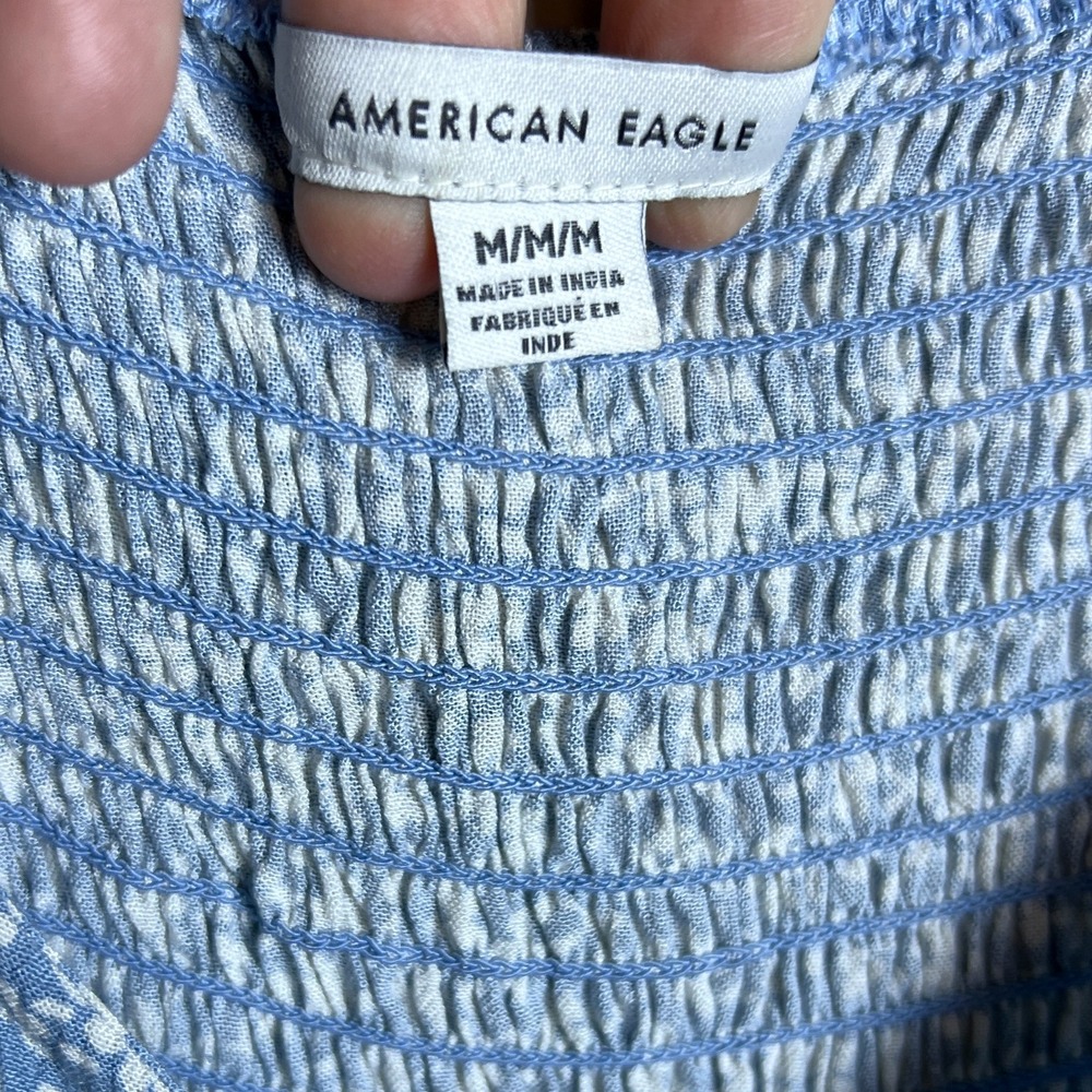Modern American Eagle Blue Floral Puff Sleeve Smocked Mini Dress Size M - Picture 4 of 6